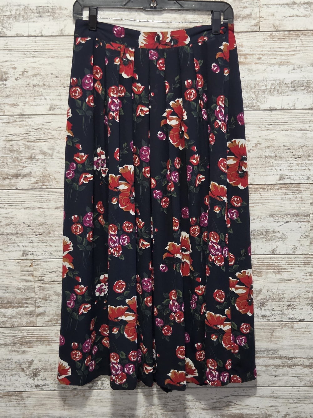 Navy Floral Midi Skirt with Red & Pink Blooms